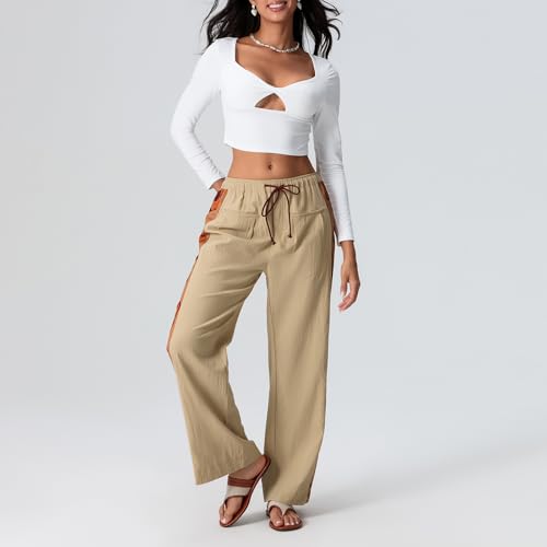 Awoscut Women's Drawstring Straight Wide Leg Pants Elastic Low Waist Side Print Casual Pants Lounge Trousers with Pockets3