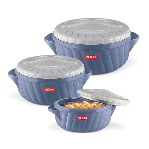 MILTON Flora Regular Set Insulated Inner Steel Casserole for Roti 3Pc (750ml 1.25L & 2.1L) Hot Box for Kitchen, Hot Pot with Lid, Chapati Box, Roti Casserole, Serving Boxes, Hotcase, Stone Bue