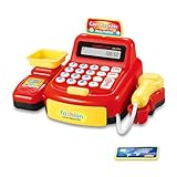 Taille compacte et facile à saisir par les enfants. Véritable caisse enregistreuse fonctionnelle avec scanner, plateforme de pesée, pièces de monnaie, carte de crédit et calculatrice.