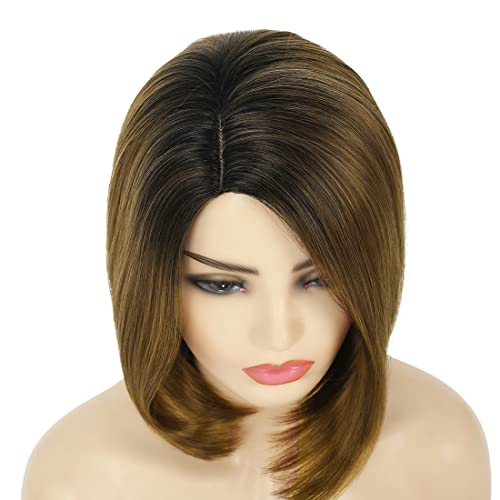 Baruisi Brown Bob Wig Short Straight Ombre Brown Wigs For Women Synthetic Side Part Replacement Cosplay Wig,Brown Mixed Blonde #TOP2