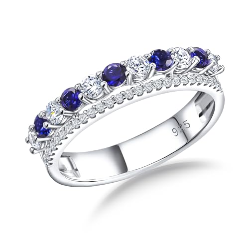 RANDES September Birthstone Ring 925 Sterling Silver Blue Sapphire Rings for Women Cubic Zirconia Wedding Band 2-Row Stackable Rings Size 7