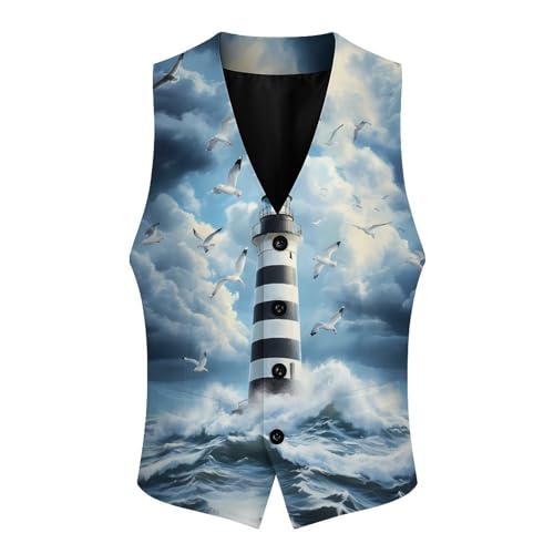 Lighthouse Seagulls Trendy Vest Suit for Men V Neck Formal Dress Waistcoat Vests Business Slim Fit3
