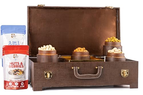 Image of Browntree Brown Vintage Dry Fruit Gift Hamper-6P-1000g | Almond, Cashew, Kishmish, Pistachio, Omega Seeds & Nut Berries |Premium Reusable Gift Box |Perfect for Festivals & Corporate Gifting | Ideal gift box for All Celebration