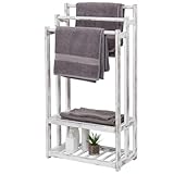 MyGift 3 Tier Farmhouse Whitewashed Solid Wood Bathroom Towel Rack, Freestanding Bath Towel Drying Holder Stand with 2 Slatted Bottom Storage Organizer Shelf