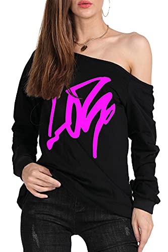 Image of MAGICMK Woman's Sweatershirt Lips Print Causal Blouse Off The Shoulder Long Sleeve Loose Slouchy Pullover Plus Size Tops