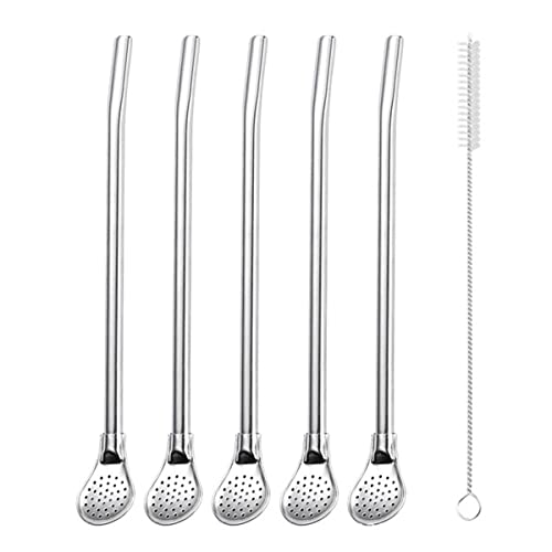 304 Stainless Steel Drinking Straw Spoon Tea Filter Tea Straws Gourd Washable Tea Tools Kitchen Bar Kitchen with Spoon Brush (White)