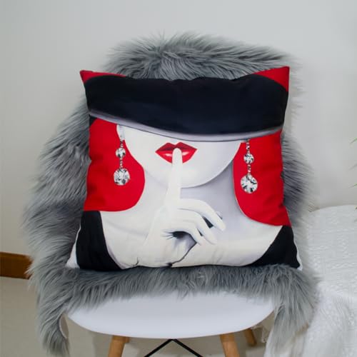 DILOXNSU Cushion Covers Elegant Modern Girl Velvet Square Double Sided Printing Red Black Decorative Pillows Cover for Sofa Bed Home Office Garden Cushions Covers 45 x 45 cm 18 x 18 inch - Image 3