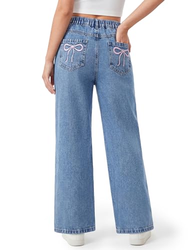 PATPAT Girls Wide Leg Jeans 5-14 Years Baggy Bow Embroidery Mid Elastic Waist Denim Pants with Zipper Fly Cute Y2K Trendy Kids Teens Streetwear Light Blue