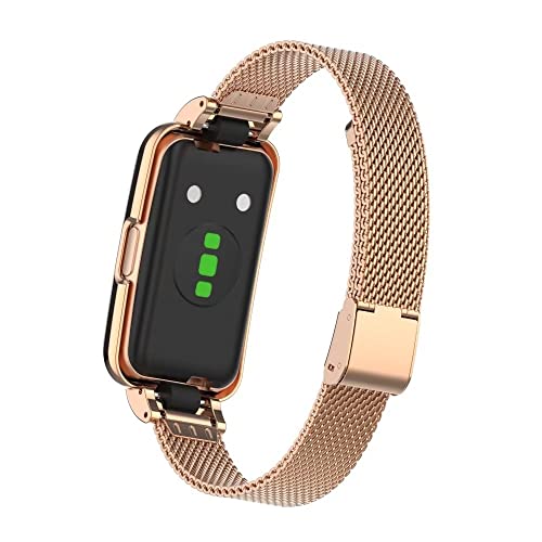 T-BLUER Compatible for Huawei Band 8 Strap,Stainless Steel Metal Replacement Band Bracelet Wristband Accessories with Metal Frame for Huawei Band 7/8/9 Rose Gold - Image 3