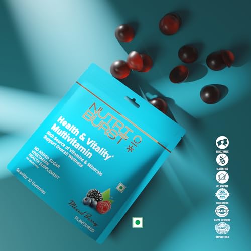 Image of Nutriburst Health & Vitality Gummies with Multi Vitamins A, B, C, D, E & Biotin | No-Added Sugar| Mixed Berry Flavor | 100% Vegetarian | 10 Gummies