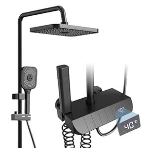 Shower System with Digital Temperature Display, Shower Faucet Set with 12 Inch Rain Shower Head and Handheld Shower Head Fixtures, Wall Mounted Rainfall Shower Fixtures with Piano Keys (12 Inch Black)