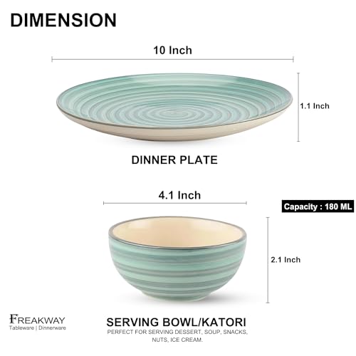 Image of Freakway Handcrafted 'Sea Swirls' Ceramic Dinner Set of 4 Pieces | 2 Ceramic Dinner Plates 10 Inches with 2 Serving Bowl Set | Microwave and Dishwasher Safe - Green