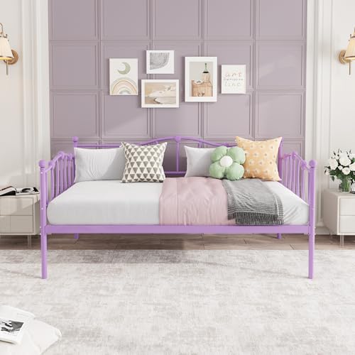 Image of GarveeHome Twin Size Daybed Frame, Sofa Bed with Stylish Headboard, Heavy Duty Steel Slat Support, Space Saving for Living Room /Bedroom /Guest Room, Purple