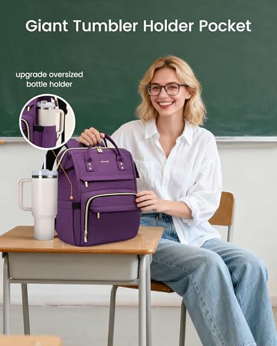 Image of LOVEVOOK Laptop Backpack for Women with Giant Tumbler Holder Pocket,17 inch Waterproof Travel Backpack Purse Computer Laptop Bag,Professional Work College Nurse Teacher Backpack Daypack,Dark Purple