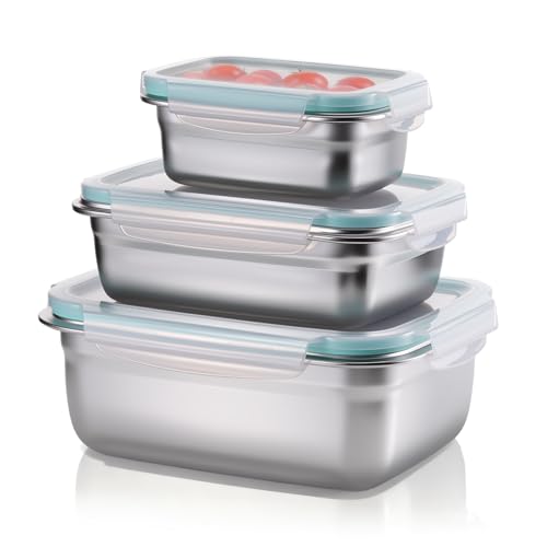 MICHIHOMIE 3 Piezas Tupper Acero Inoxidable Microondas, 350ml + 850ml + 1800mk Fiambrera Recipiente Hermetico, Apto para Microondas, Horno, Congelador y Lavavajillas, Hermético, sin Bpa