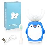 Renaelelife Kids Sonic Electric Toothbrush U Shaped Automatic Timer IPX7 Waterproof 5 Modes 360° Oral Cleaning Teeth Whitening Gums Massage Replaceable Soft Cartoon for 2-7 (Blue Penguin)