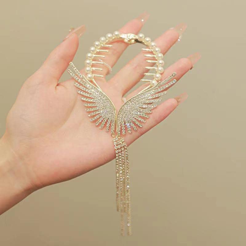 Gold Pearl Rhinestone Angel Wing Hair Clip Claw Hair Accessory Angel Wing Hair Clip - Rhinestone Pearl Tassel Gold  main image 4