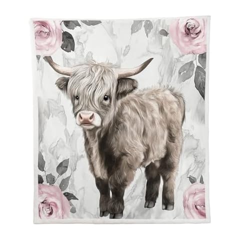 Erosebridal Highland Cow Floral Plush Blanket Cover