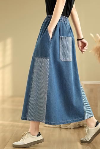 chouyatou Women's Retro Color Block Denim Skirt Striped Splicing Elastic High Waist A Line Midi Jean Skirt3
