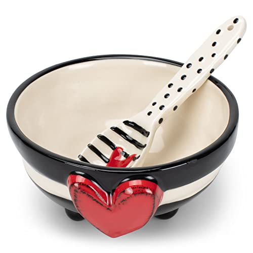 Demdaco Wide Stripe Black And White Heart 5 X 5 Ceramic Stoneware Candy Bowl With Spoon #TOP2