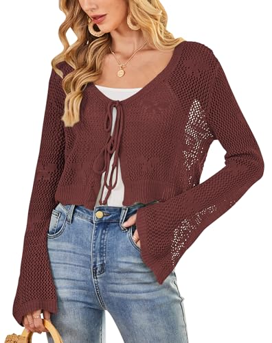 Image of Balimtoy Women Tie Front Cardigan Crochet Sweater Crop Tops Cute Bell Long Sleeve Knit Shrug Beach Vacation Cover Up