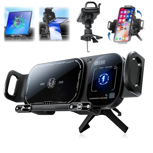 FunApricity Wireless Charging Rotating Car Mount,High Intelligent 2 in 1 Auto Rotating Phone Holder,Car Charger Fast Charging, One-Click Auto-Rotating & Clamping for Smartphone/Pad/Foldable Phone