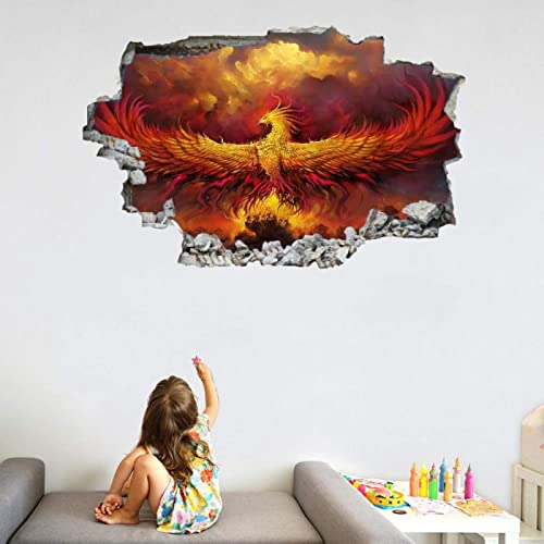 Phoenix 3D Wall Decor Stickers Animal Wall Stickers 3D Smashed Wall Mural Decals Abstract Art Wall Vinyl Art Family For Kids Bedroom Living Room Nursery Home Wall Décor 43"W X 28"H #TOP2