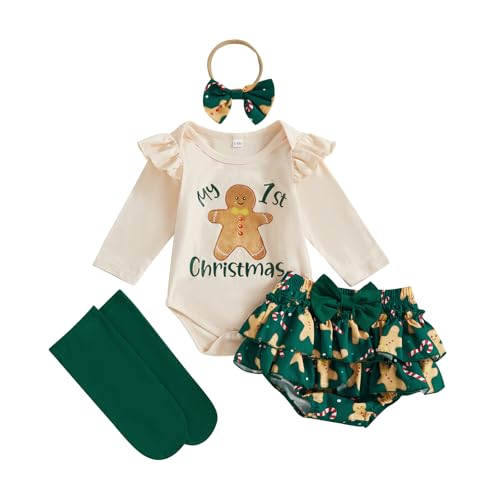 My First Christmas Baby Girl Outfit Long Sleeve Santa/Gingerbread Newborn Infant Romper Skirts Headband Socks Sets