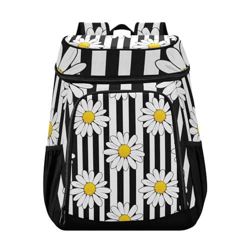 White Daisies Black Stripes Cooler Backpack Cooler Insulated Leak Proof Lunch Backpack 36 Cans Waterproof Soft for Men Women Picnic Hiking Camping Beach