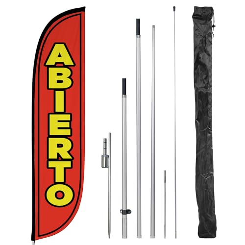 Image of LookOurWay Feather Flag Pole Kit - 12 Feet Tall Advertising Flag Banner with Fiberglass Pole Kit and Ground Spike for Business Promotion - Grand Opening Flags - Abierto (10M1200095)
