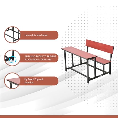 Image of GOYALSON School Home Tution College Bench Duel Desk Student Bench Cum Duel Desk Strong and Sturdy Metal Standard Structure with Wooden Top (4, Red, Small Students with Back)