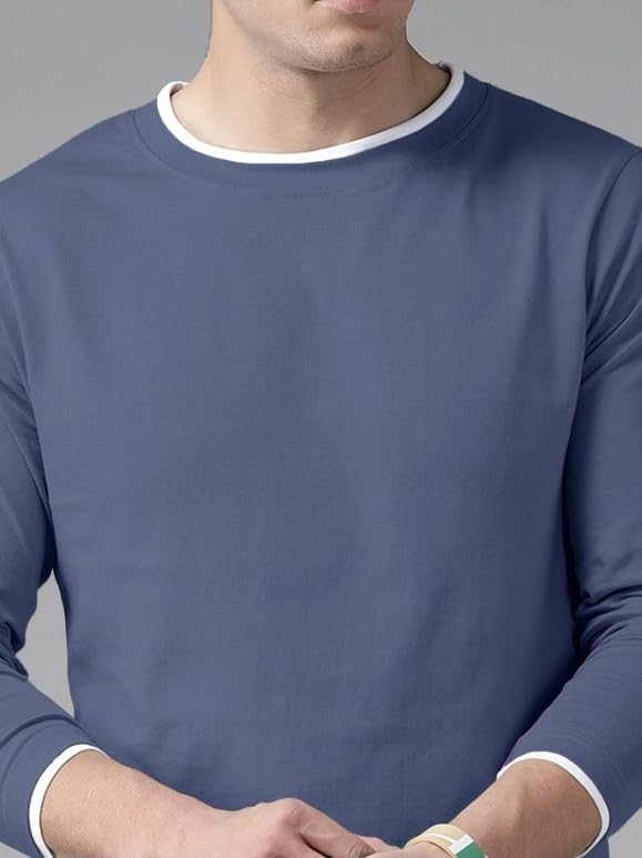 Image of THE DRY STATE Turquoise Blue Cotton Round Neck Full Sleeve Casual T-Shirt for Men