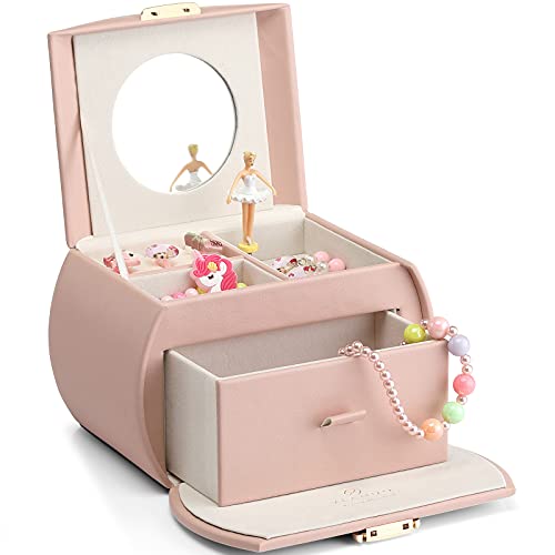 Vlando Kids Musical Jewelry Box for Girls with Drawer, Music Box with Ballerina and Stickers for Birthday Gifts Bedroom Decor, Pink