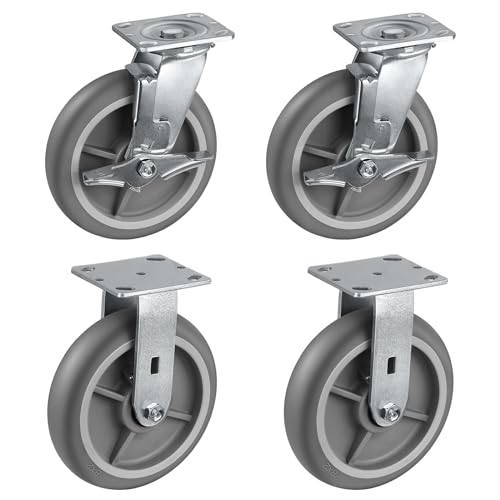 HANDSAMMU 8inch Caster Wheels, Thermoplastic Rubber Wheels(Crown Tread) with Steel Plate, Heavy Duty Casters Set of 4-2800Lbs Capacity (2 Brake & 2 Rigid)