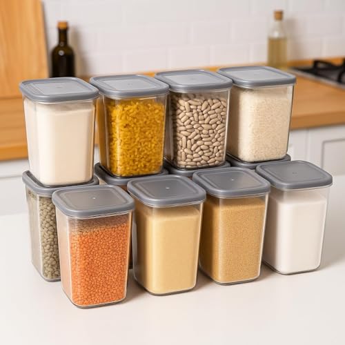 Image of Airtight Kitchen Storage and containers Set | 1200 ML Transparent Food Storage Box for Pulses, Grains, Cereals, Snacks & Dry Fruits | Kitchen Accessories Items for Home(12 Pcs)