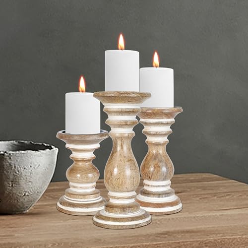 White Wash Wooden Candle Holders Set of 3 - Tall Pillar Stands (10", 8", 6"), Farmhouse Style, Rustic Wood Candle Holders, Perfect Vintage Home Decor, Decorative Candle Stands