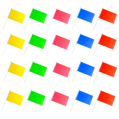 Paquete de 20 mini banderas de poliéster 14x21 cm, banderas pequeñas en colores rojo, azul, amarillo, verde y rosa, ideales para fiestas, decoración y eventos escolares