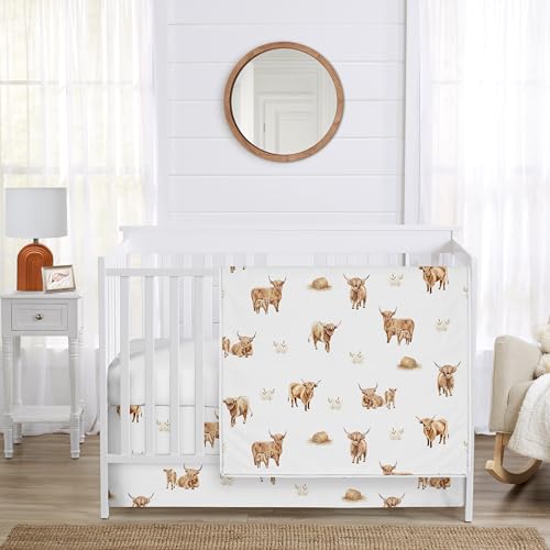 Image of Sweet Jojo Designs 3-Piece Baby Crib Bedding Set (Boho Highland Cow) for Girls /Boys, Infants /Nursery incl. Blanket, Fitted Sheet and Skirt (Farm Animal, Bohemian, Watercolor, Rustic Farmhouse, Modern)