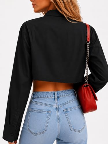 Button Down Crop Top for Women Casual Irregular Hem Solid Color Cropped Blouse Shirt Tunics Black XL — view 4