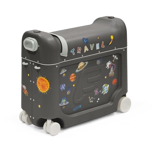 Stokke JetKids BedBox Midnight Grey - Ride-On Suitcase for Kids 2-7 Years Old (up to 77 lbs) - Transforms Into Toddler Airplane Bed - Includes Mattress Decorative Stickers & Adjustable Strap