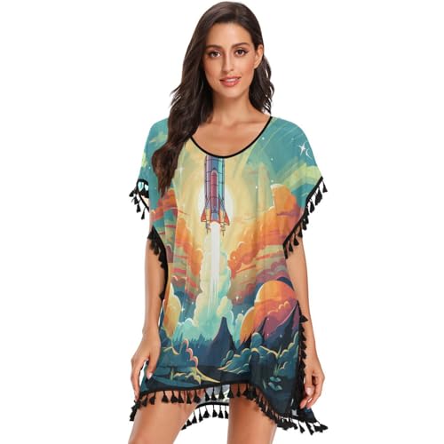 Cartoon Rocket Purple Sky Women's Beach Cover Up Chiffon Tassel Swimwear Swimsuit Coverups for Girl