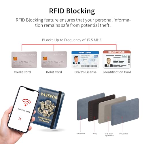 Passport Holder and Card Slot Combo RFID Blocking Leather Travel Passport Wallet for Men and Women US Passport Cover, Blue4