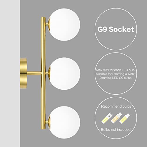 Bathroom Vanity Lights, 3-Light Bathroom Light Fixtures Brass Gold Vanity Lights, Mid-Century Modern Gold Bathroom Lights Over Mirror, Dimmable Wall Sconces Wall Light With Frosted Milk Glass, G9 Base #TOP4