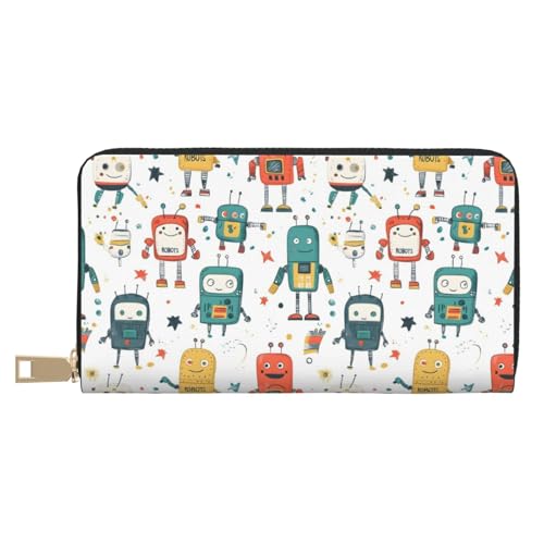 Cute Colorful Robot Print Wallet Women Men, Long PU Leather Wallets for Women, Cute Womens Travel Wallet Purse Pouch with Zipper Pocket