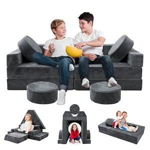 HOMFINE 16pcs Modular Kids Play Couch, Kids Toddler Couch, Child Sectional Sofa, Versatile Kid Sofa for Playroom Bedroom, Convertible Foam and Floor Cushion for Boys and Girls, Dark Grey