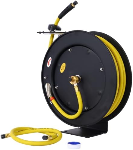 Retractable Air Hose Reel 1/2" Inch x 50 Ft Steel Auto Rewind Hose-Reel Industrial Grade Rubber Hose B 3/8" Inch x 50' One Size