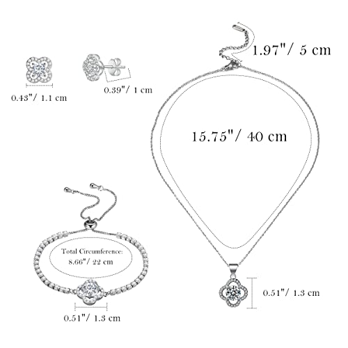 Emibele Lucky Clover Bracelet Necklace Earrings Jewelry Set for Women, Classic 4-Leaf White Gold Plated Bracelet Cubic Zirconia Studs Earrings Good Luck Pendant Necklace Mother’s Day Jewelry Gifts
