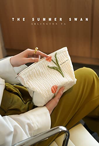 The Summer Swan | Large Aesthetic Makeup Bag Preppy Skincare Organizer Floral Mid-day Clutch Period Kit Hygiene Cute (Tulip)3