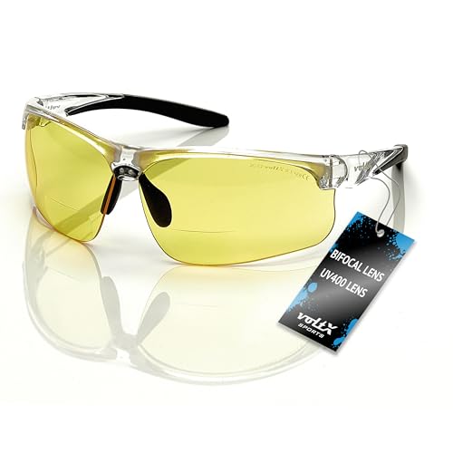 voltX 'ULTIMATE SPORTS' Bifocal Safety Glasses (+2.0 Dioptre, ULTIMATE Yellow) - Anti Fog Coated UV400 lens - Adjustable nosepiece - Microfibre Carry Bag
