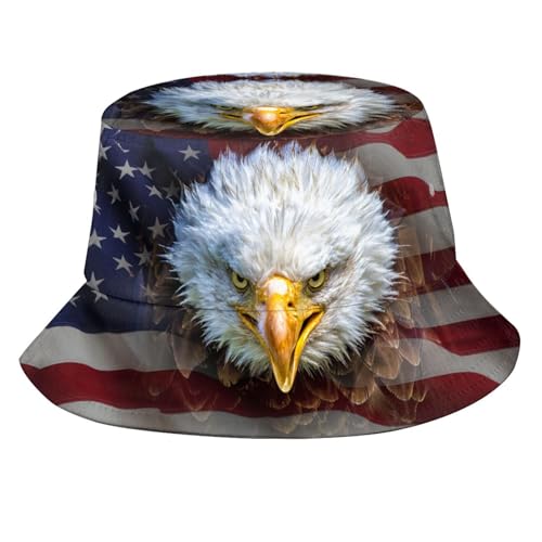 Angry Bald Eagle On American Flag Bucket Hats Fashion Sun Cap Packable 4th of July Fisherman Hat for Women Men Patriotic USA Flag Summer Travel Hat